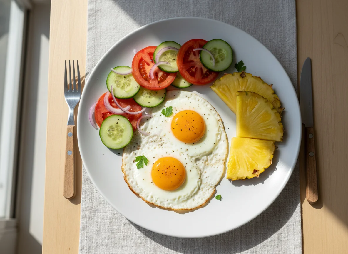Café da manhã com ovos fritos, salada e abacaxi photo