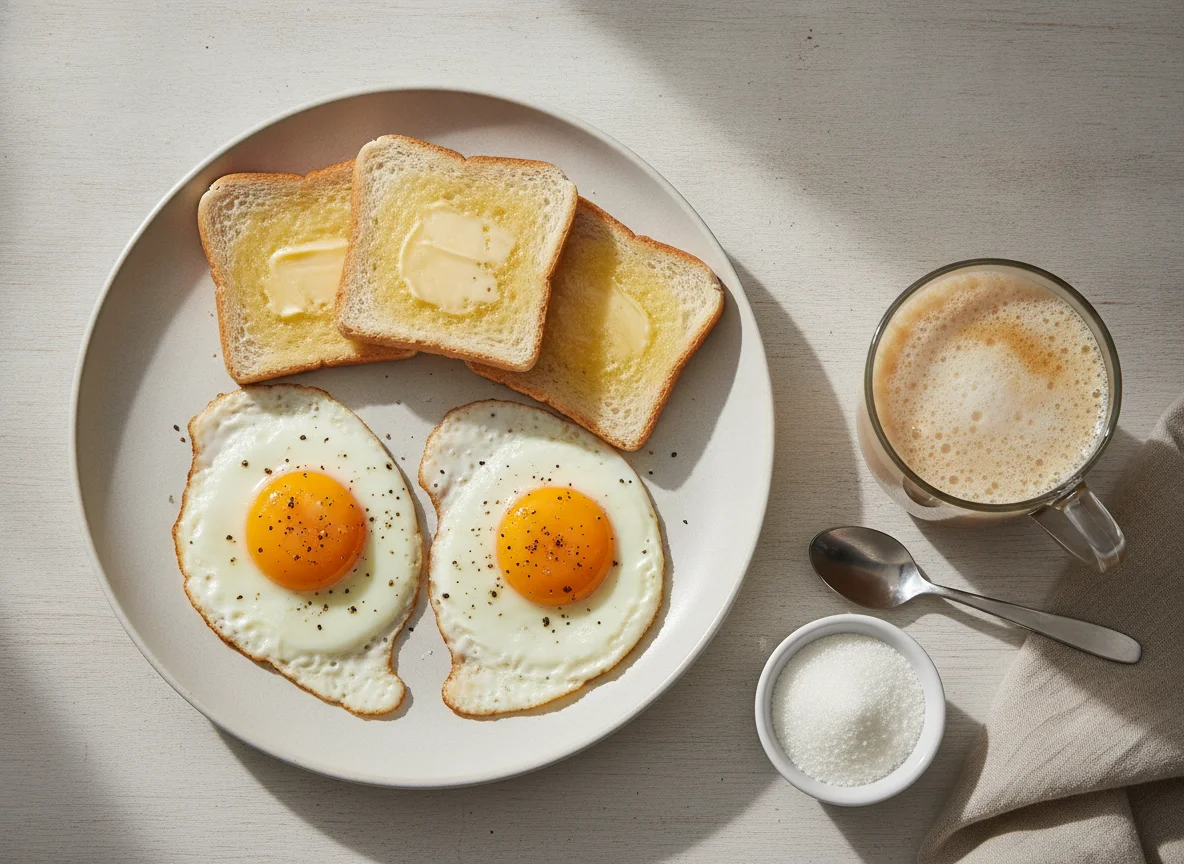 Café da manhã com ovos fritos, torrada e café com leite photo