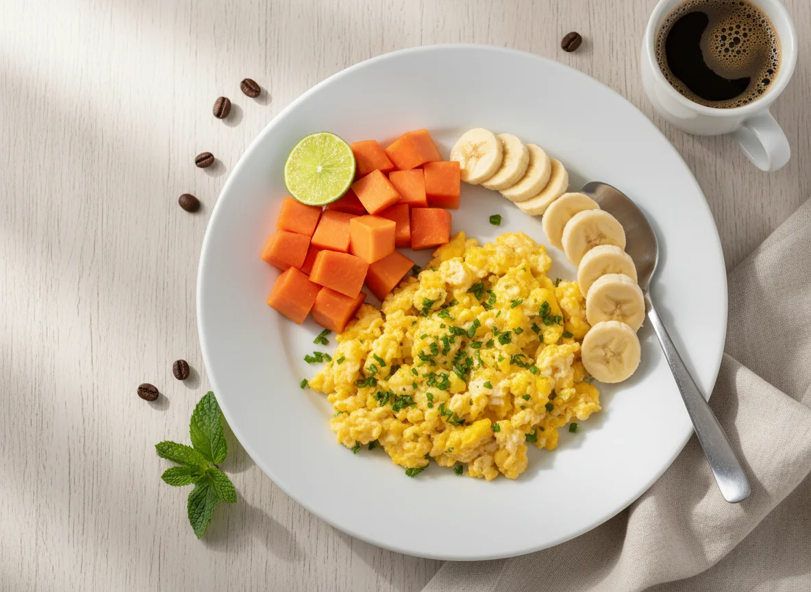 Café da manhã com ovos, frutas e café photo