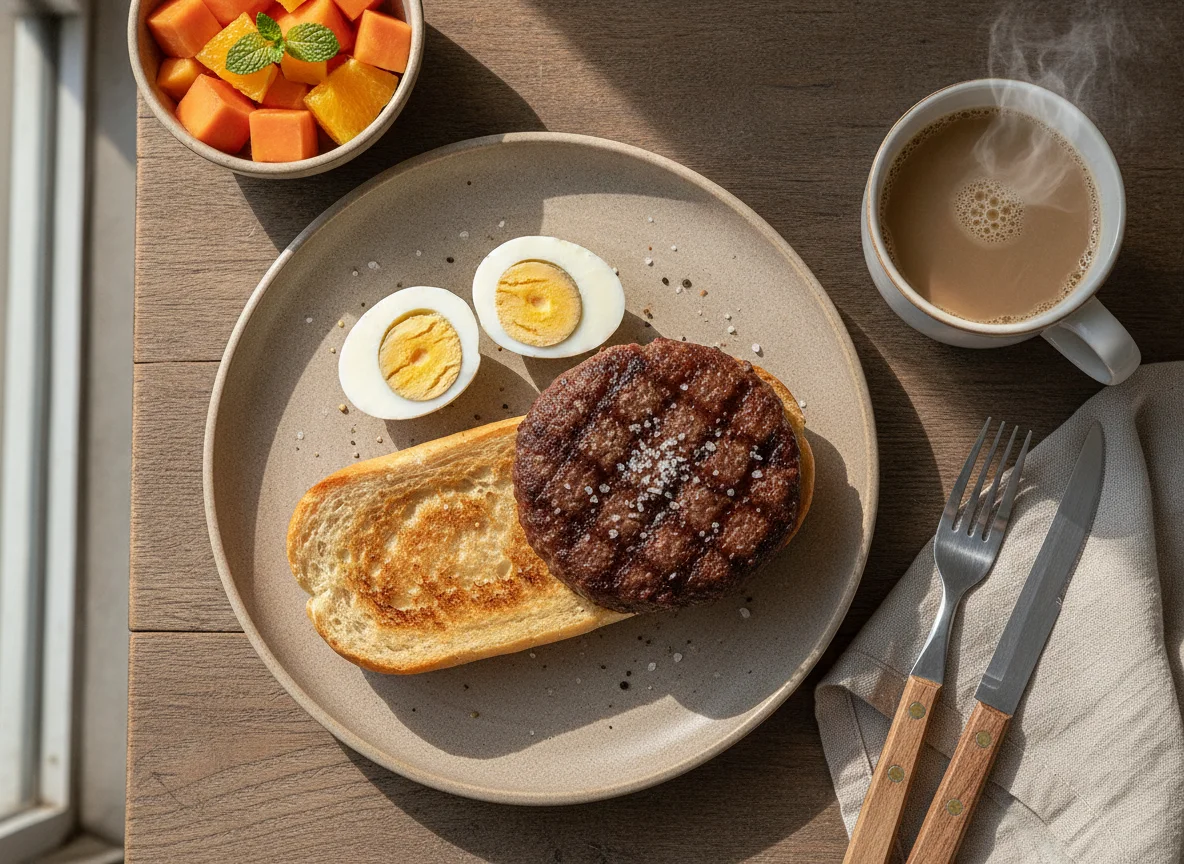 Café da manhã com ovos, hambúrguer, pão, frutas e café com leite photo