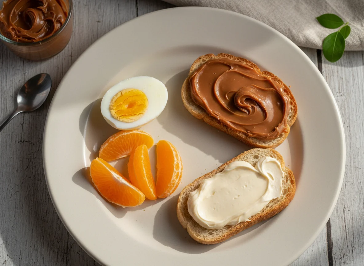 Café da manhã com ovos, laranja e torrada photo