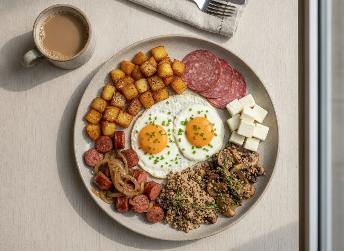 Café da manhã com ovos, linguiça e quinoa photo