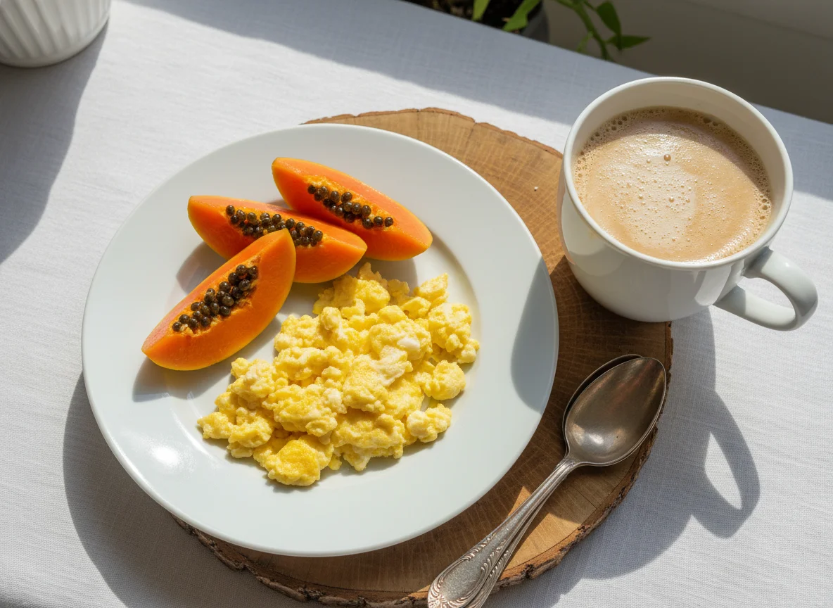 Café da manhã com ovos, mamão e café com leite photo