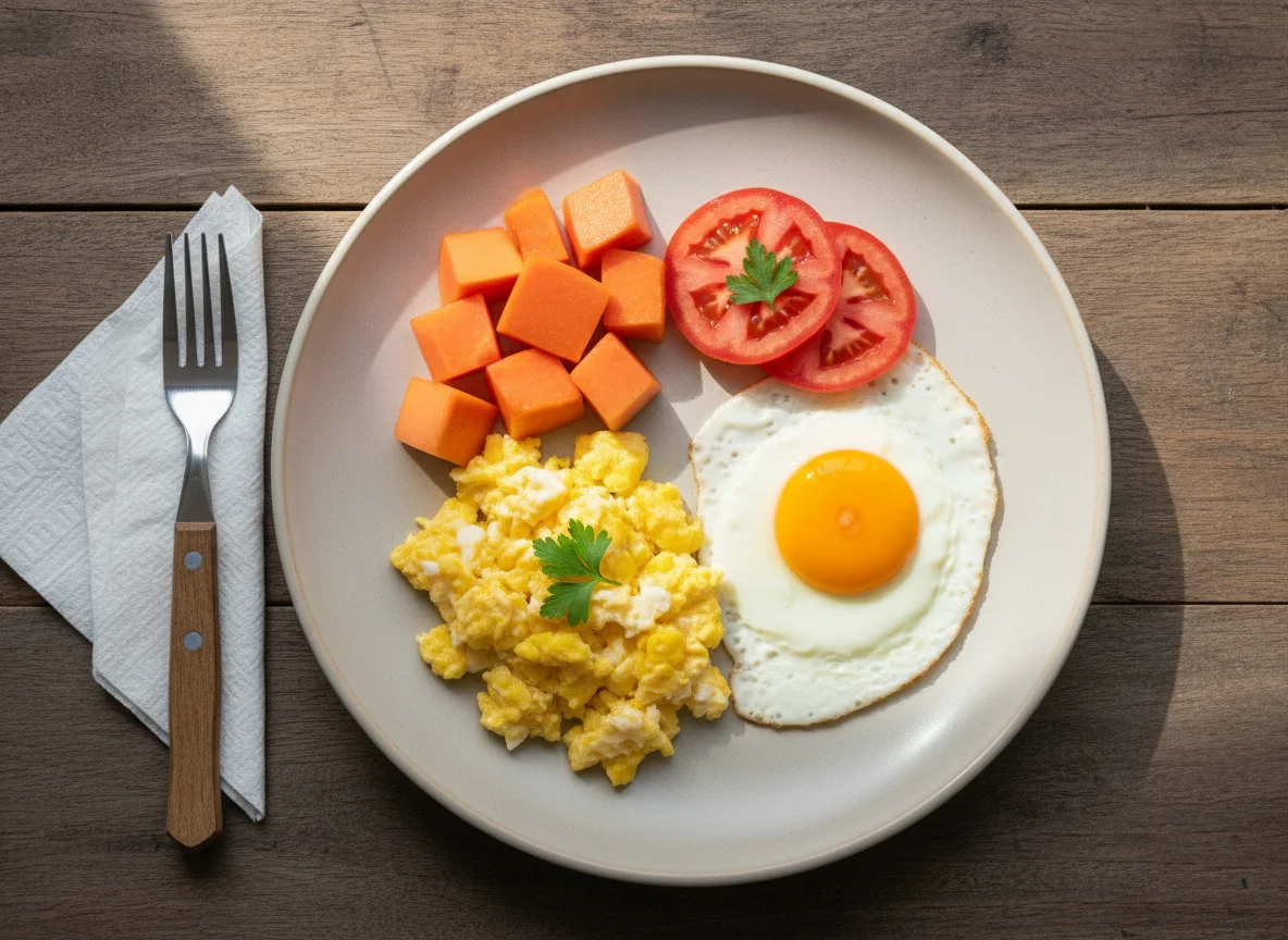 Café da manhã com ovos, mamão e tomate photo