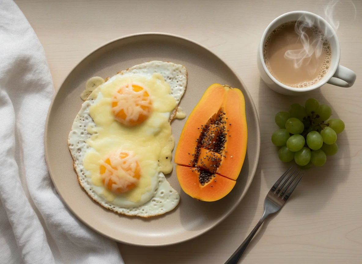 Café da manhã com ovos, mamão e uvas photo