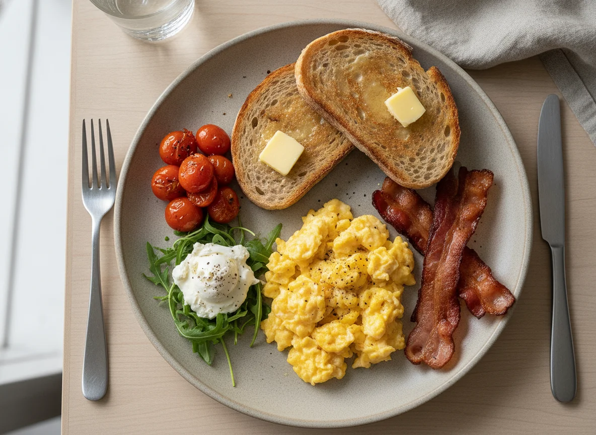 Café da manhã com ovos mexidos, bacon e torrada photo