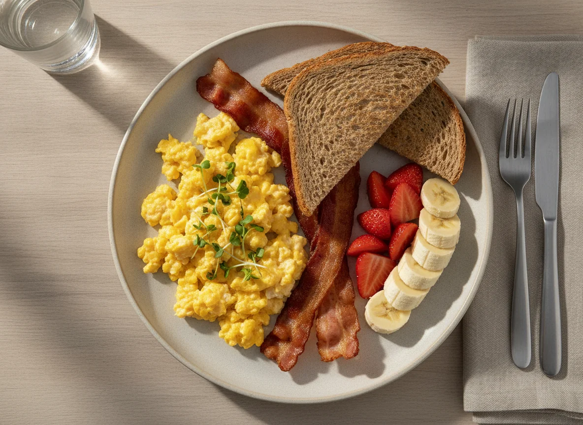 Café da manhã com ovos mexidos, bacon, torrada integral e frutas photo