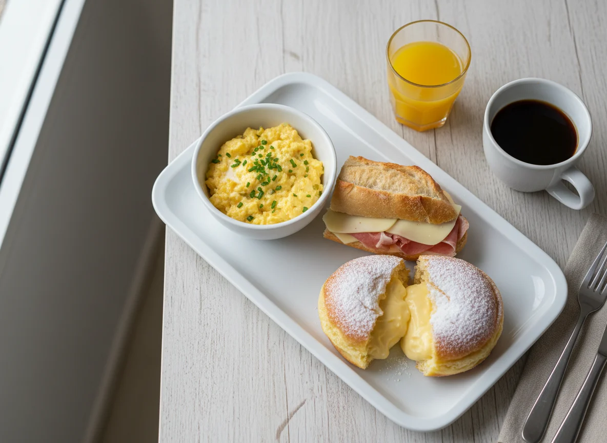 Café da manhã com ovos mexidos, baguete e sonho photo