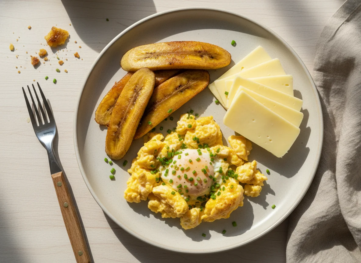 Café da manhã com ovos mexidos, banana da terra e queijo photo