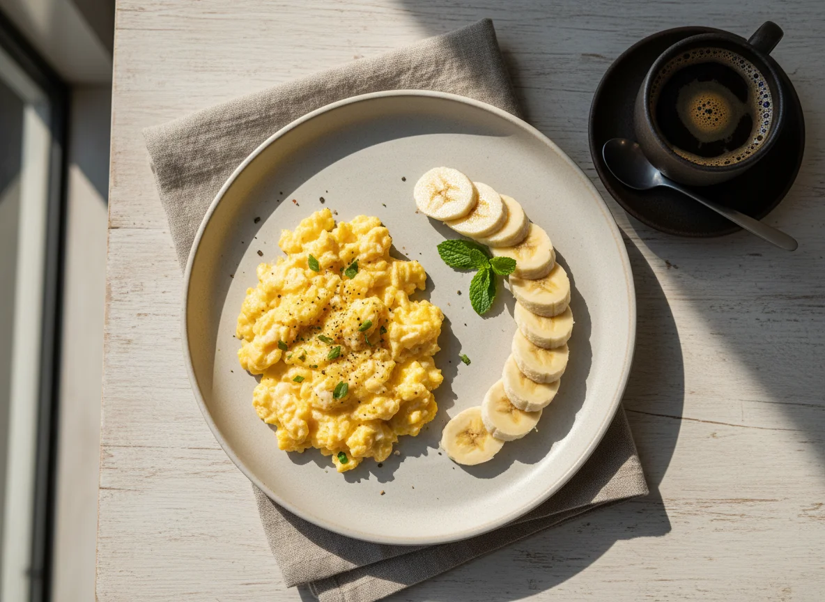 Café da manhã com ovos mexidos, banana e café photo