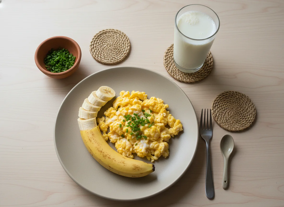 Café da manhã com ovos mexidos, banana e leite photo