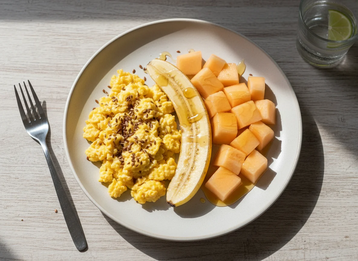 Café da manhã com ovos mexidos, banana e melão photo
