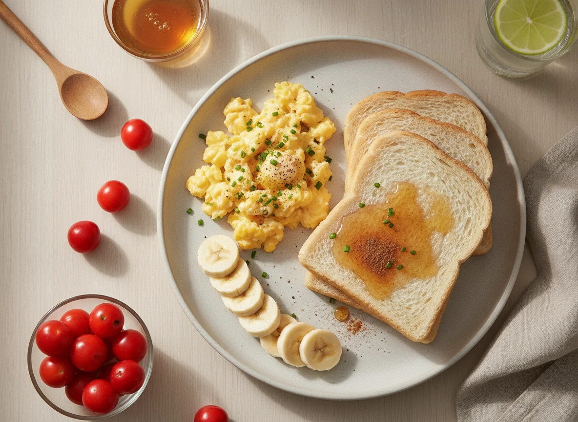 Café da manhã com ovos mexidos, banana e pão de forma photo