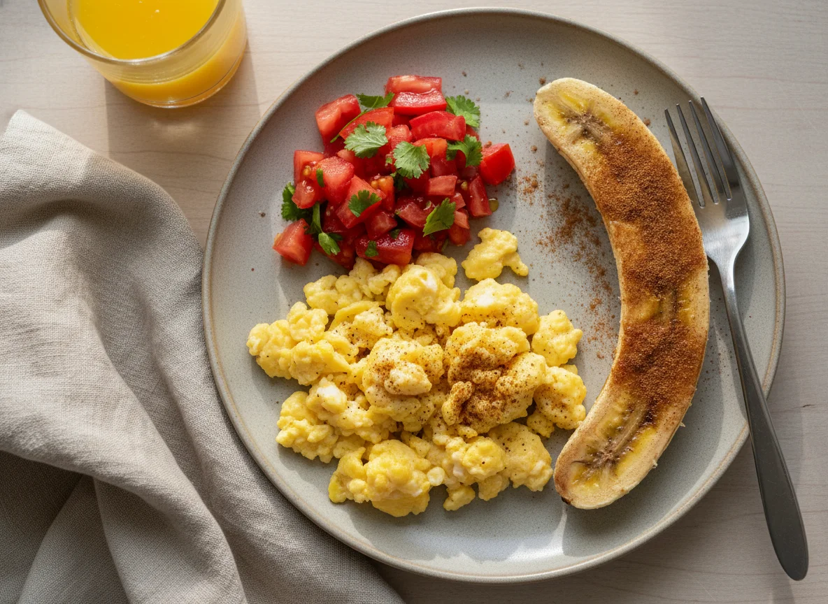 Café da manhã com ovos mexidos, banana e tomate photo