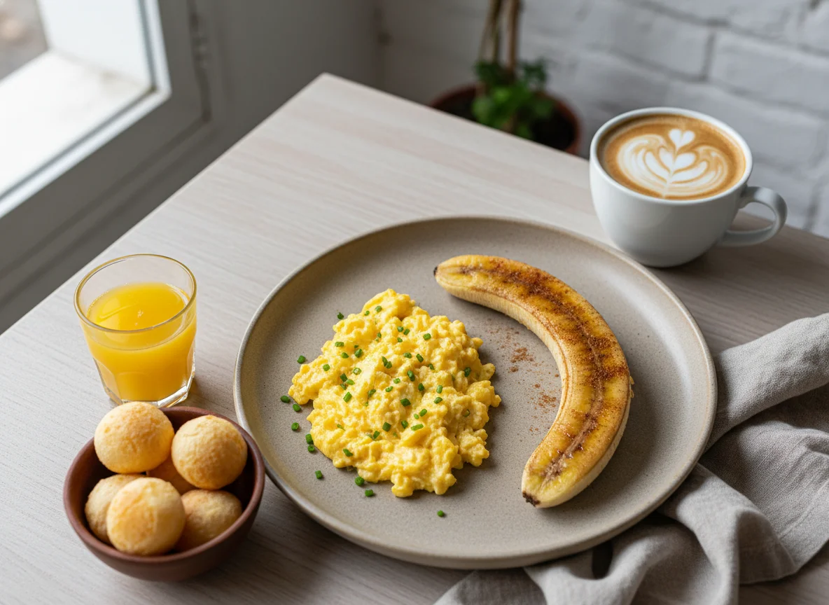 Café da manhã com ovos mexidos, banana grelhada e café com leite photo