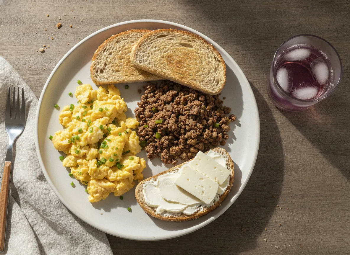 Café da manhã com ovos mexidos, carne moída e torrada photo