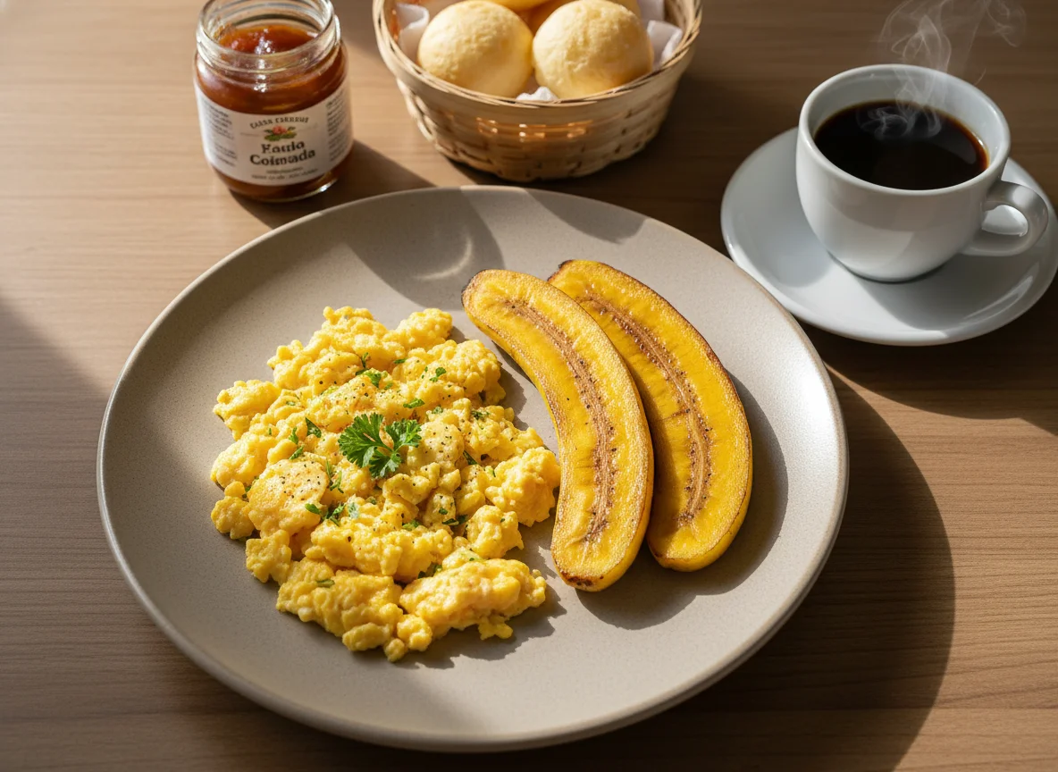 Café da manhã com ovos mexidos e banana photo