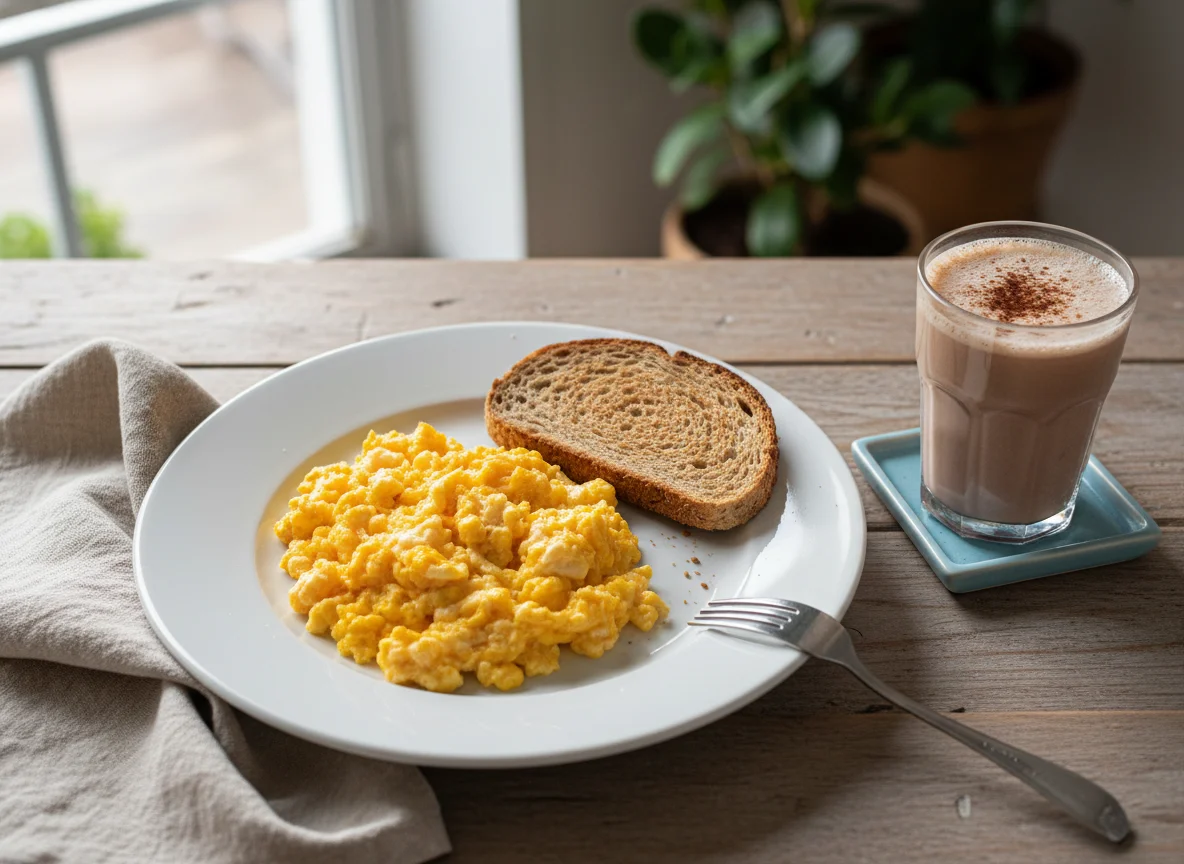 Café da manhã com ovos mexidos e bebida láctea photo