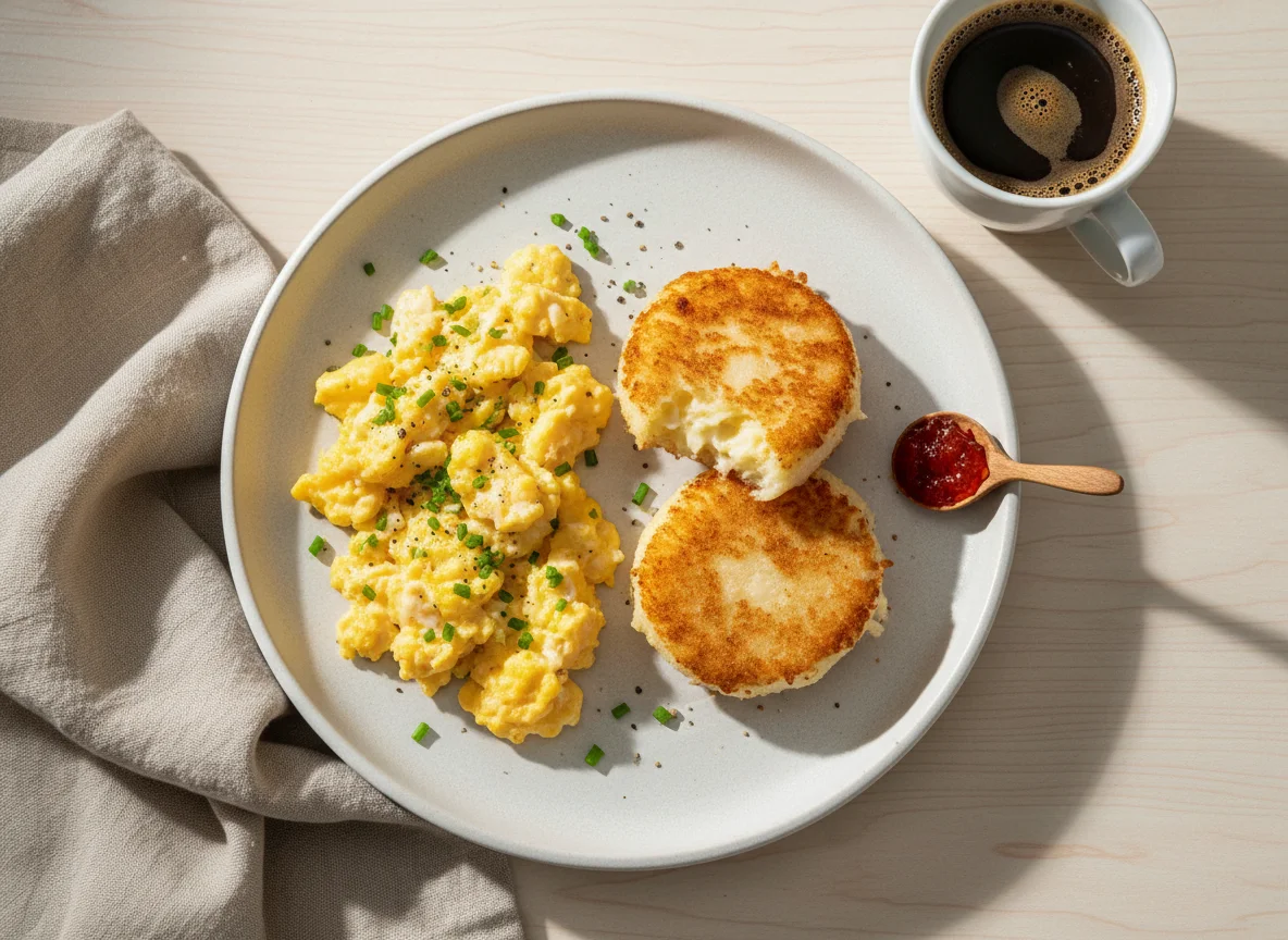 Café da manhã com ovos mexidos e bolinho de tapioca photo