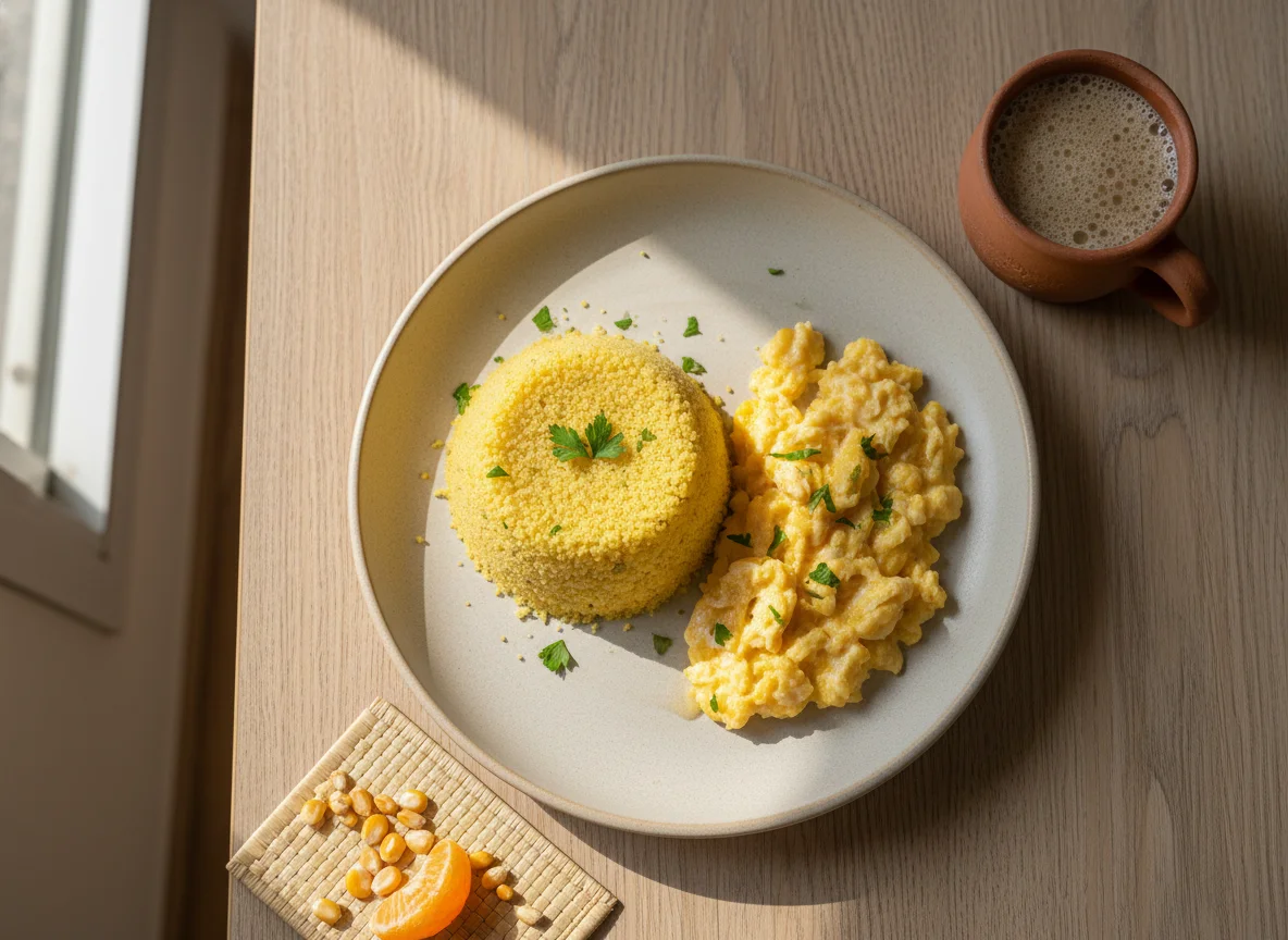 Café da manhã com ovos mexidos e cuscuz photo