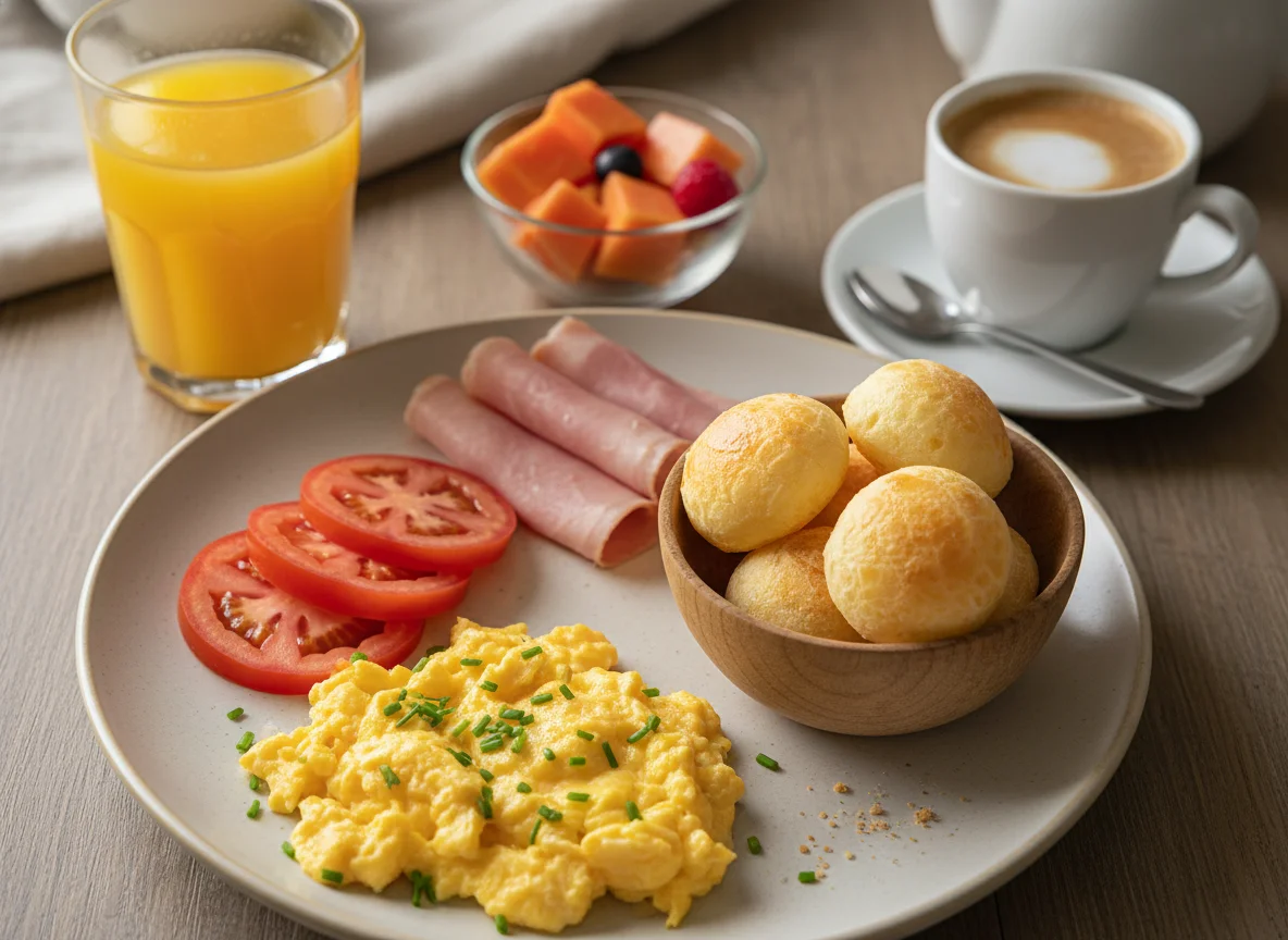 Café da manhã com ovos mexidos e frios photo