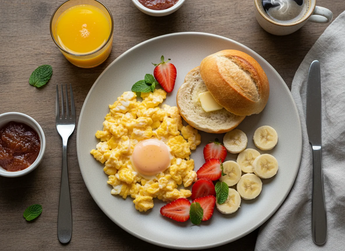 Café da manhã com ovos mexidos e frutas photo