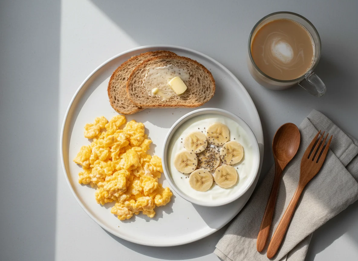 Café da manhã com ovos mexidos e iogurte photo