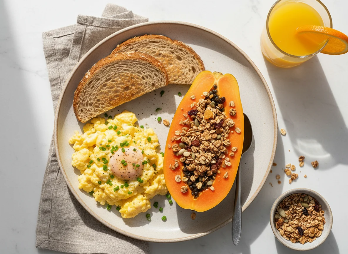 Café da manhã com ovos mexidos e mamão photo