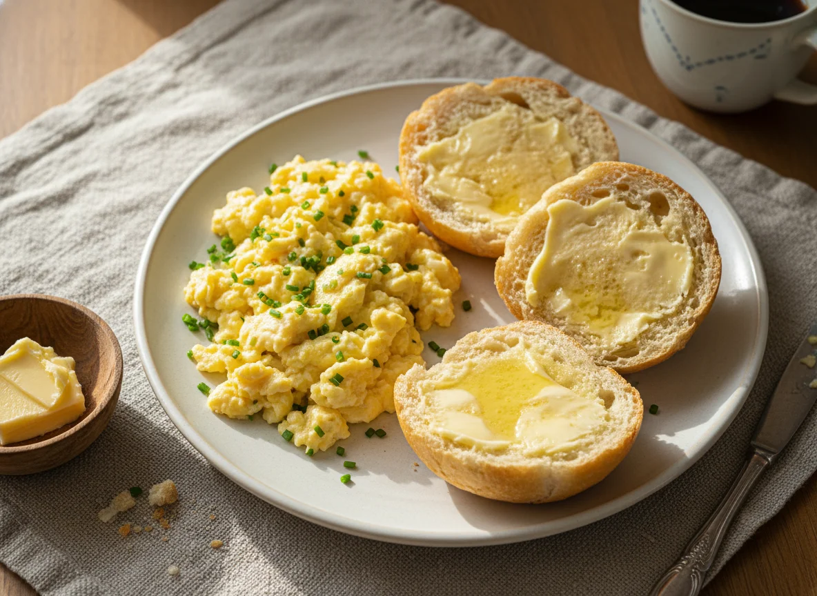 Café da manhã com ovos mexidos e pão com manteiga photo