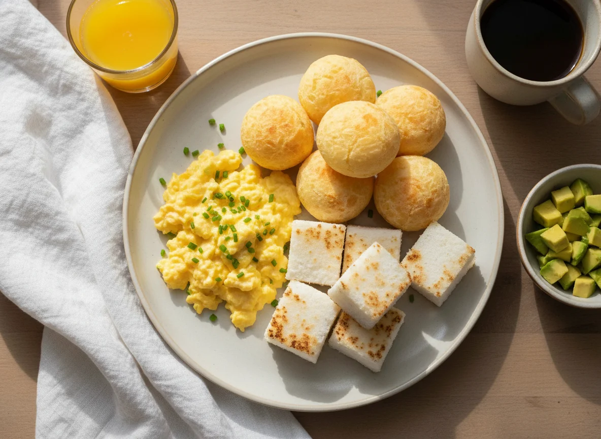 Café da manhã com ovos mexidos e pão de queijo photo