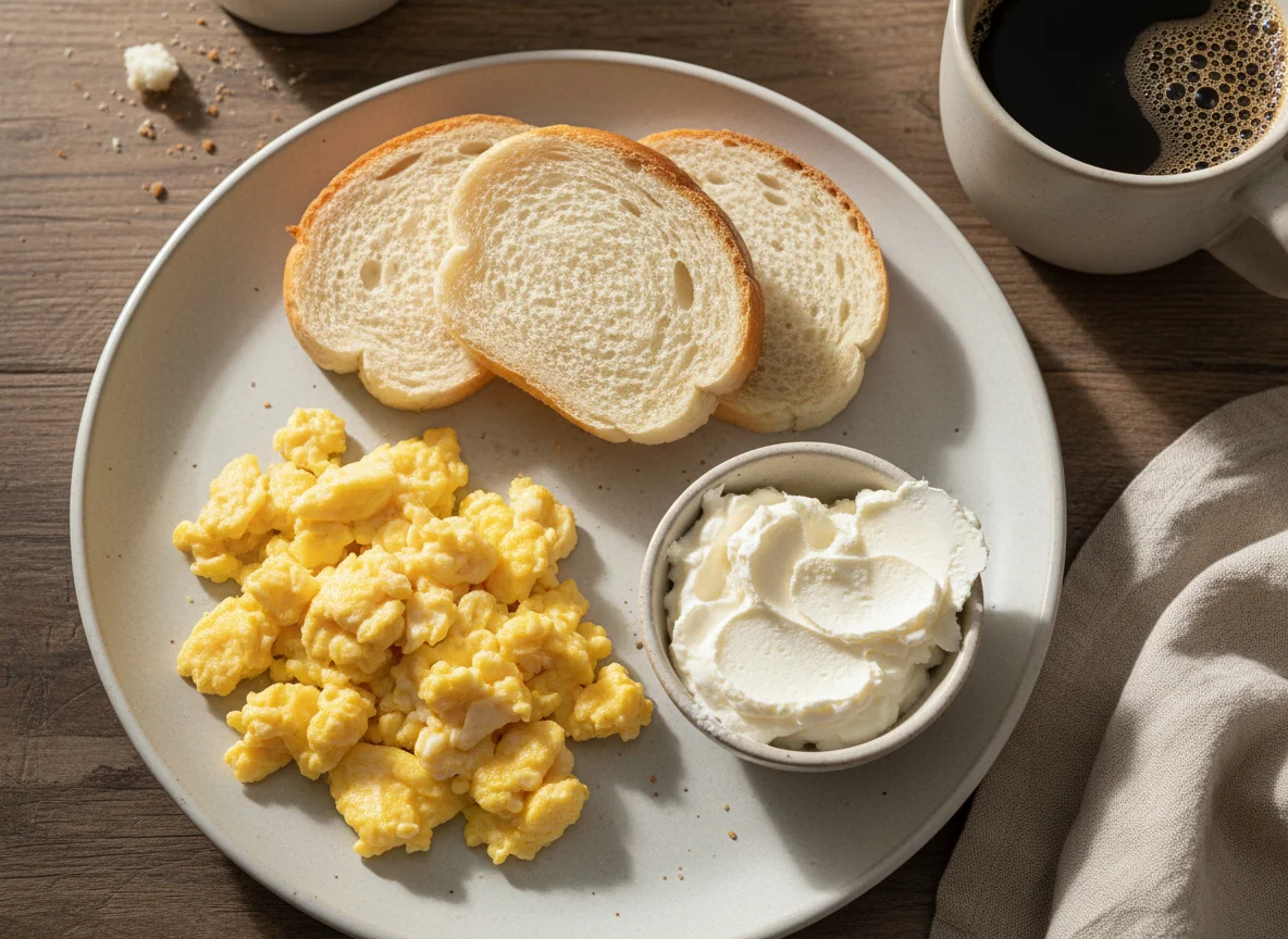 Café da manhã com ovos mexidos e pão photo