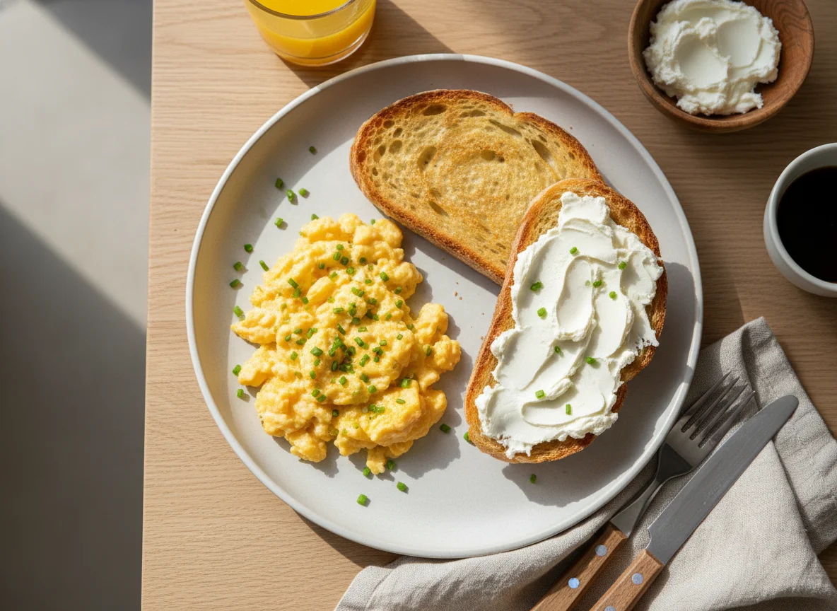 Café da manhã com ovos mexidos e pão torrado com cream cheese photo