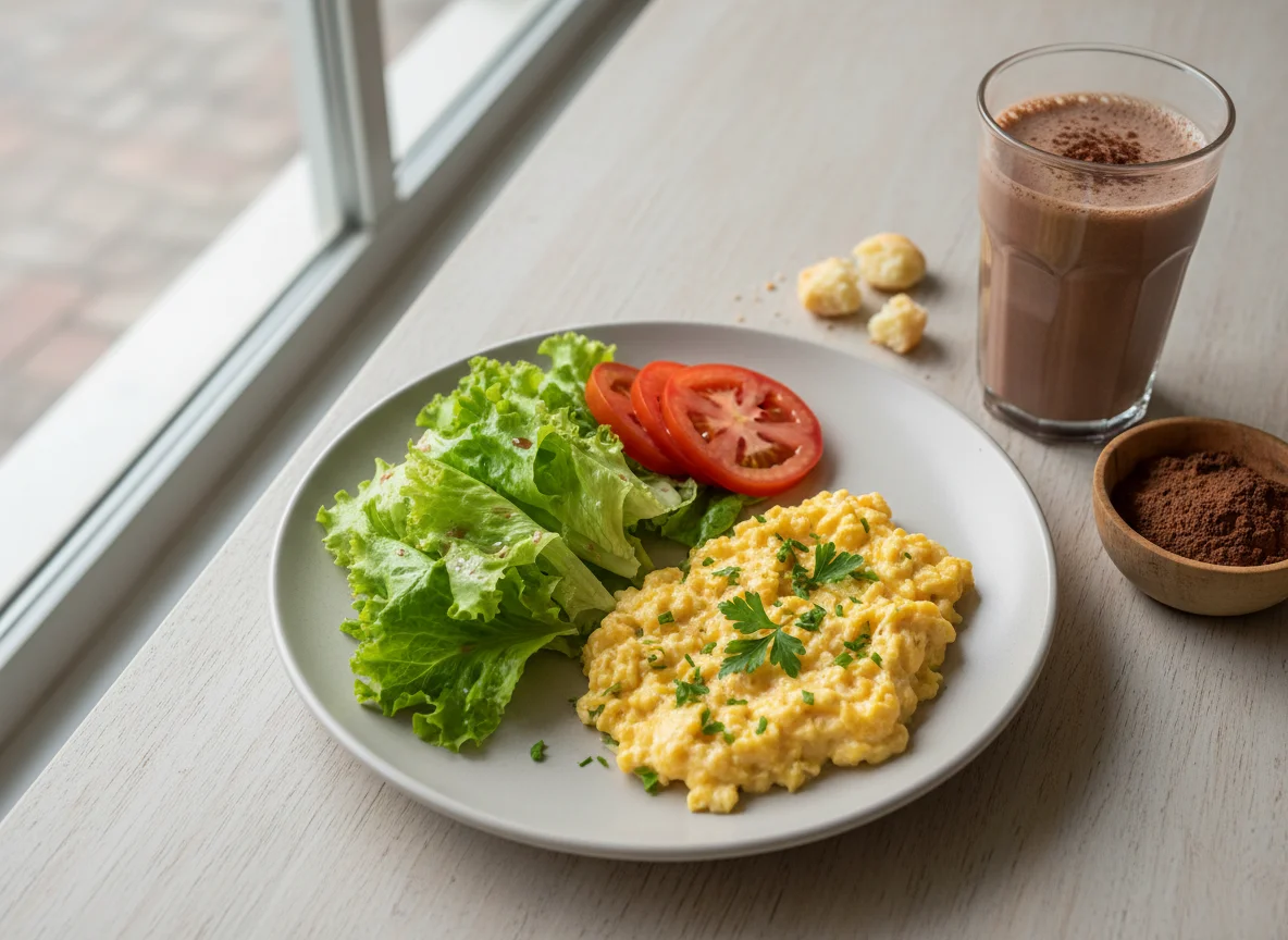 Café da manhã com ovos mexidos e salada photo