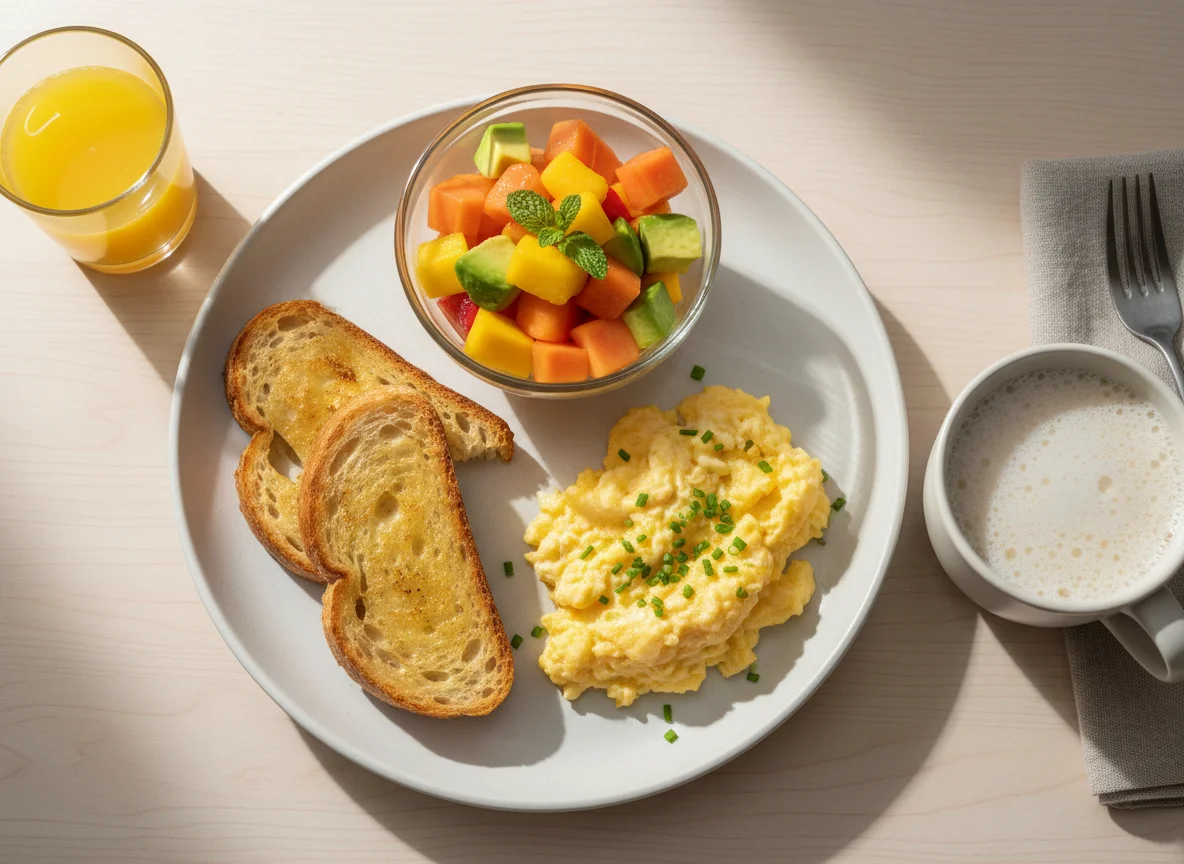 Café da manhã com ovos mexidos e salada de frutas photo