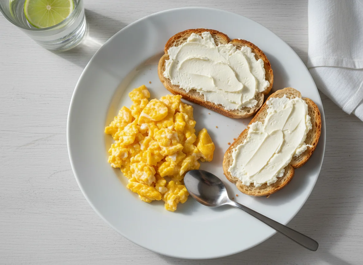 Café da manhã com ovos mexidos e torrada com creme de ricota photo