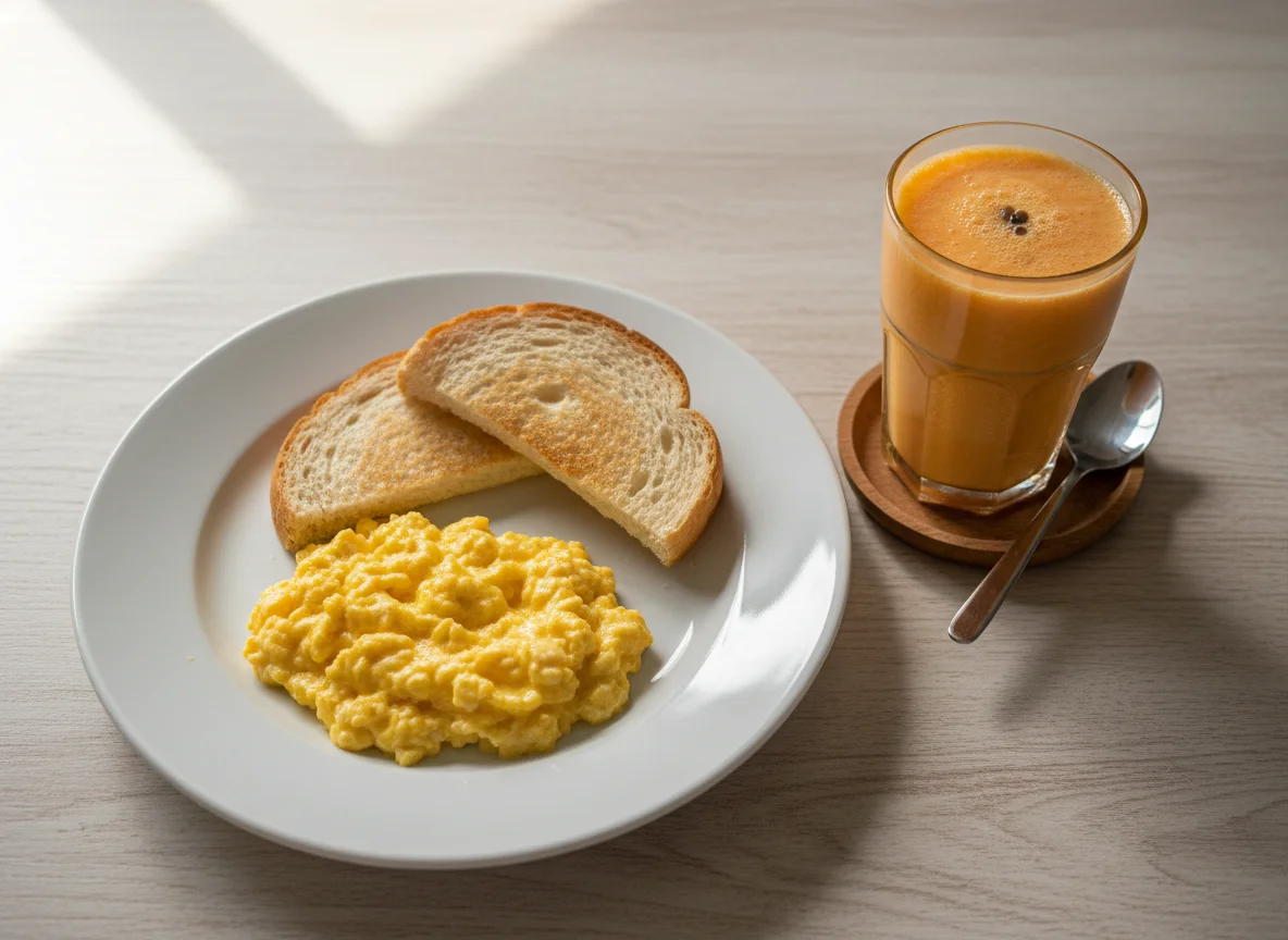 Café da manhã com ovos mexidos e vitamina photo