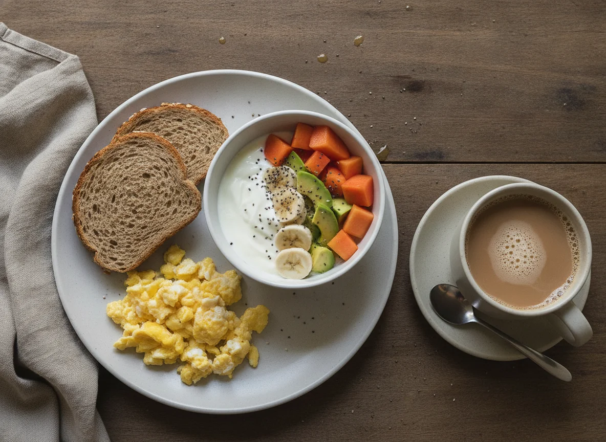 Café da manhã com ovos mexidos, frutas e café com leite photo