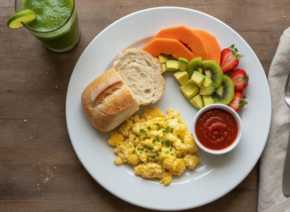 Café da manhã com ovos mexidos, frutas e suco photo