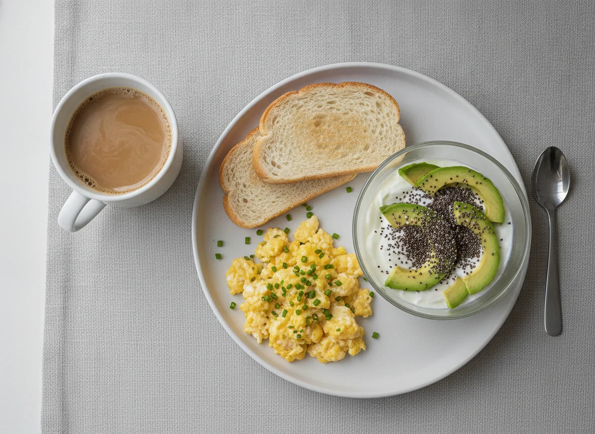 Café da manhã com ovos mexidos, iogurte com abacate e café com leite photo