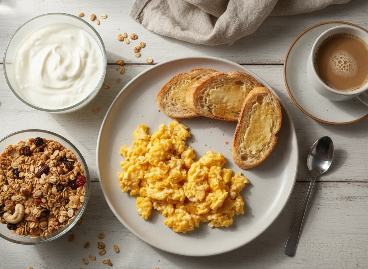 Café da manhã com ovos mexidos, iogurte com granola e café com leite photo