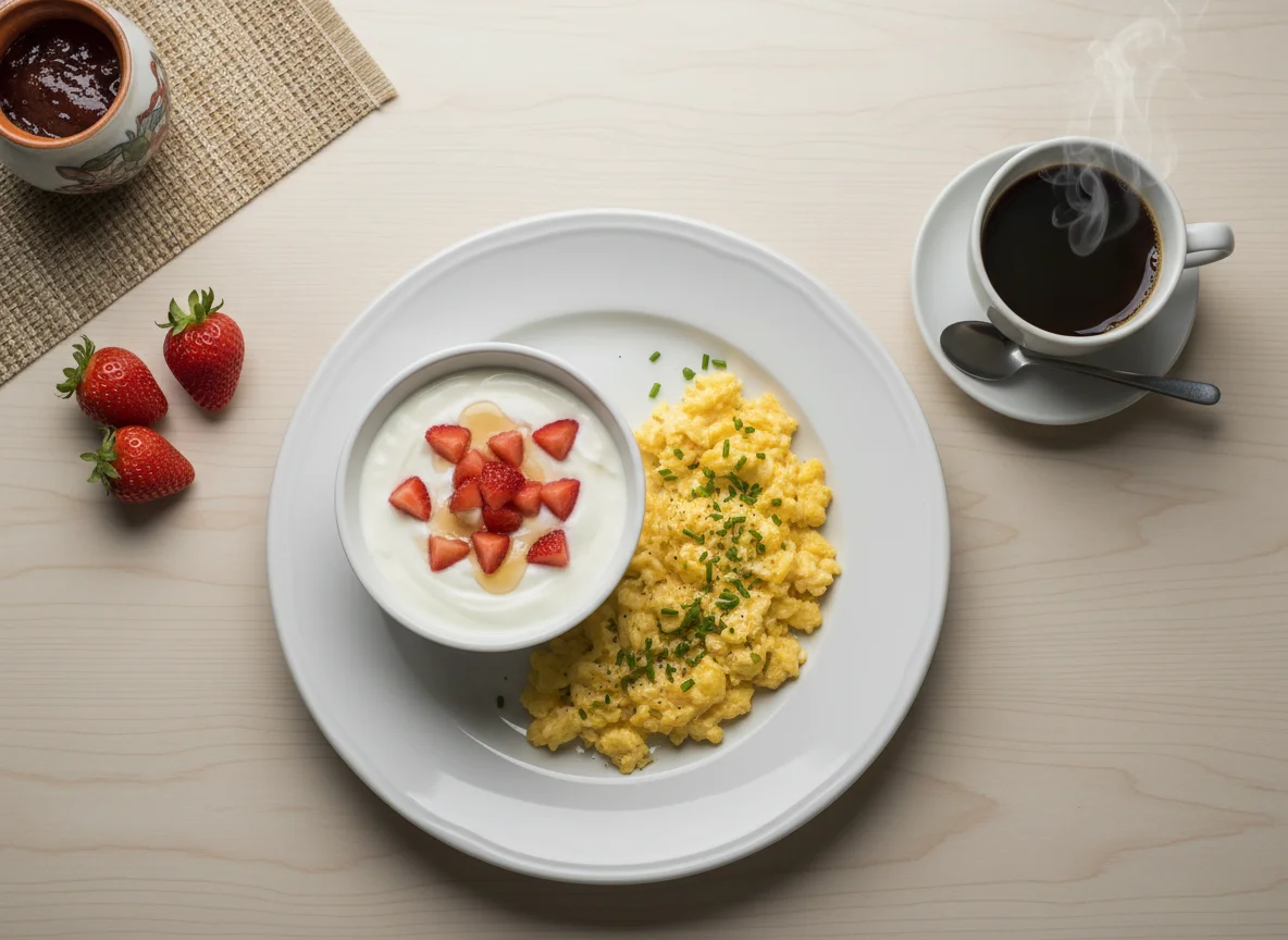 Café da manhã com ovos mexidos, iogurte com morangos e café photo