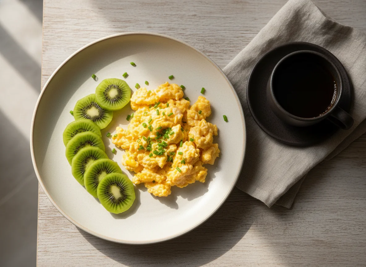 Café da manhã com ovos mexidos, kiwi e café photo