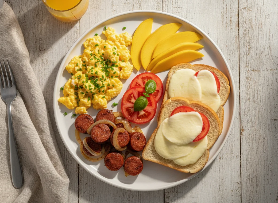 Café da manhã com ovos mexidos, linguiça, manga e torrada com queijo photo