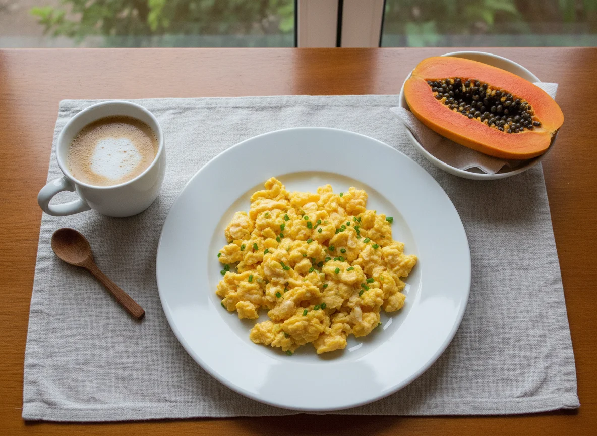 Café da manhã com ovos mexidos, mamão e café com leite photo