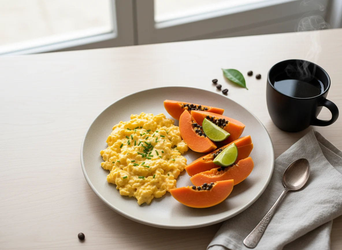 Café da manhã com ovos mexidos, mamão e café photo