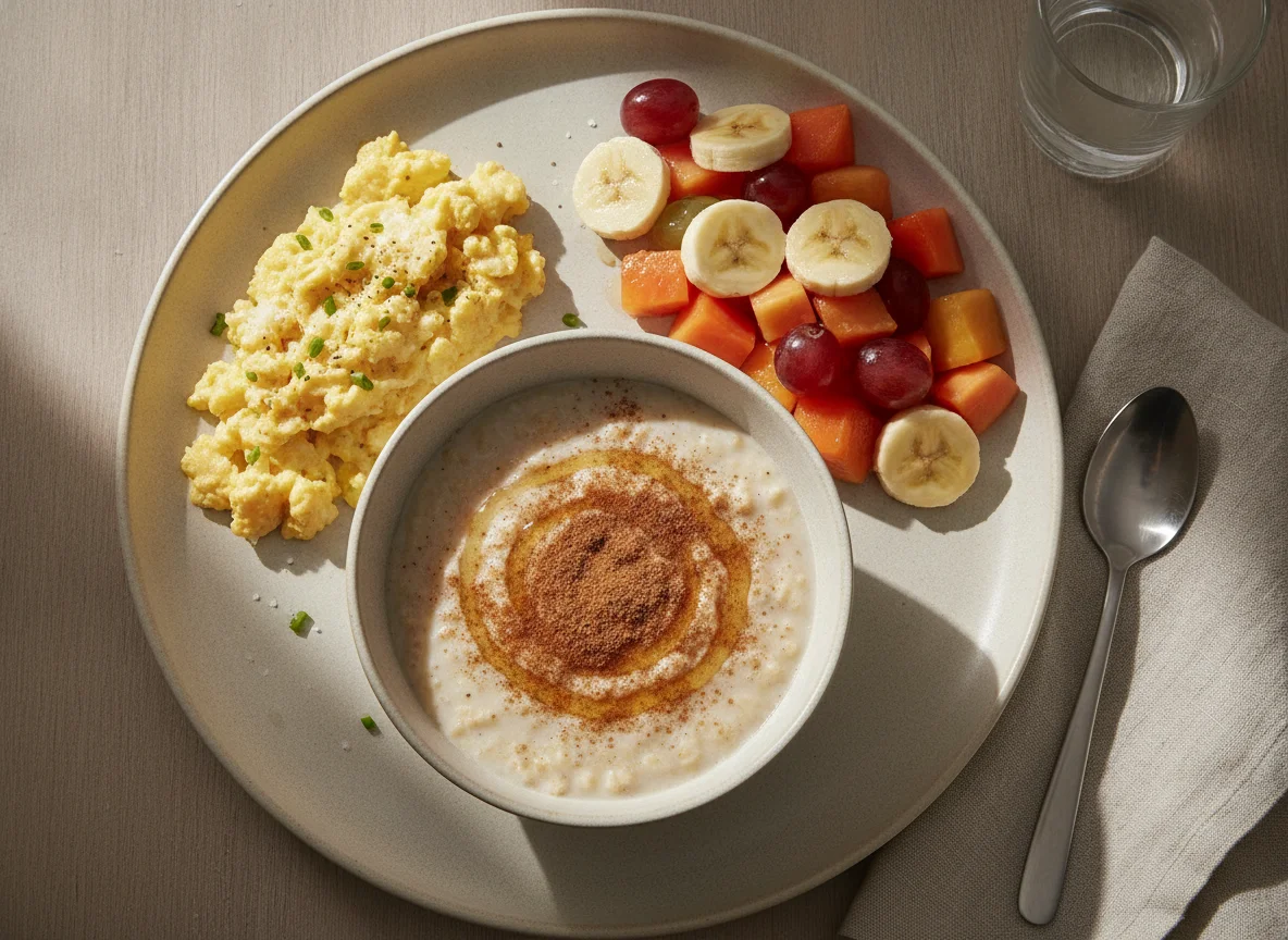 Café da manhã com ovos mexidos, mingau de aveia e salada de frutas photo