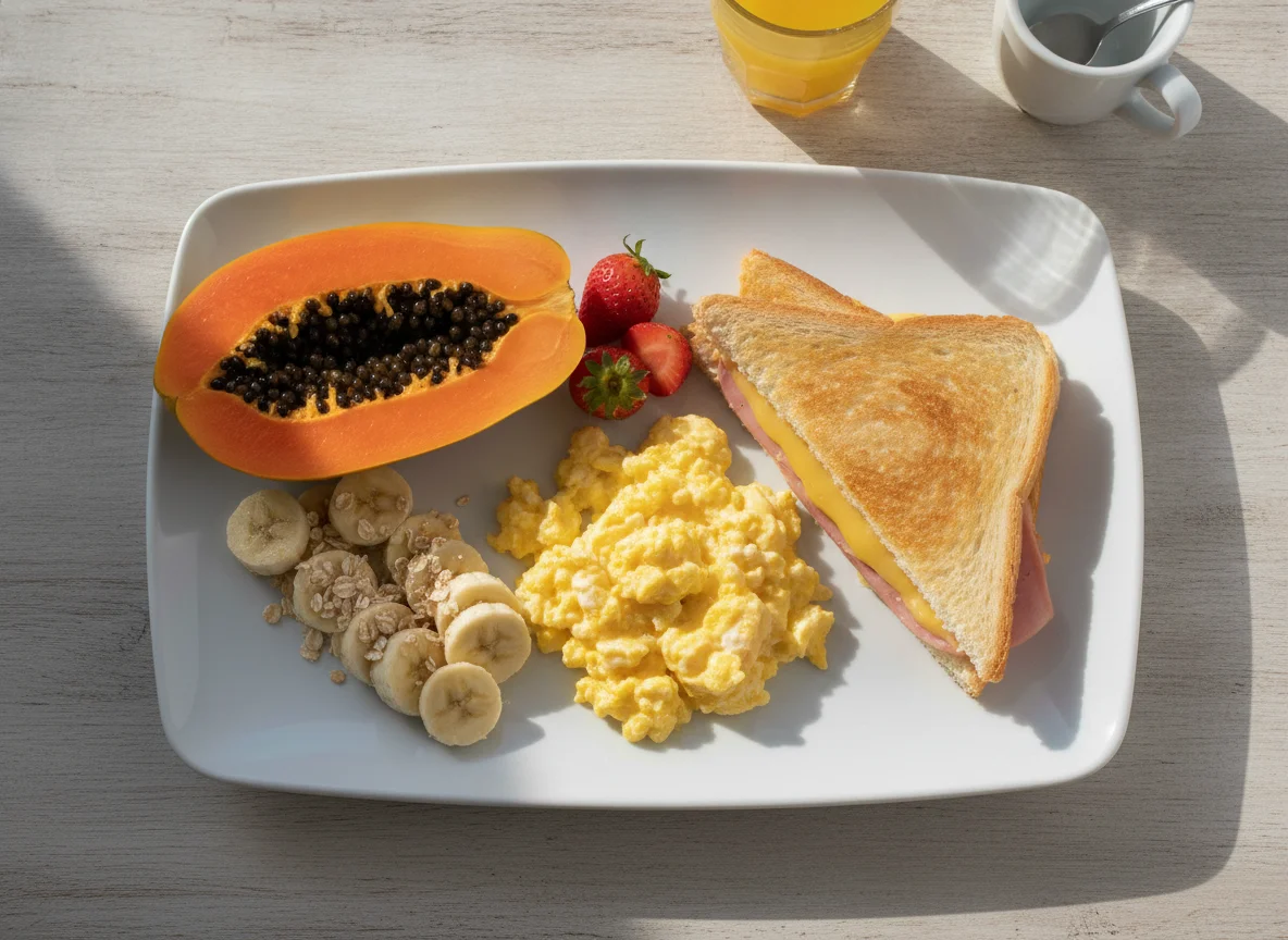 Café da manhã com ovos mexidos, misto quente e frutas photo