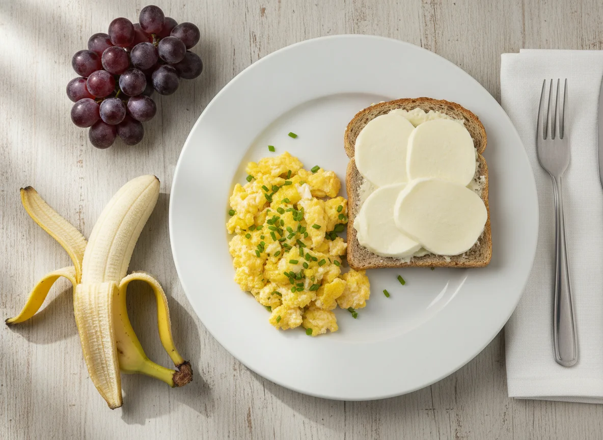 Café da manhã com ovos mexidos, pão com queijo, banana e uvas photo