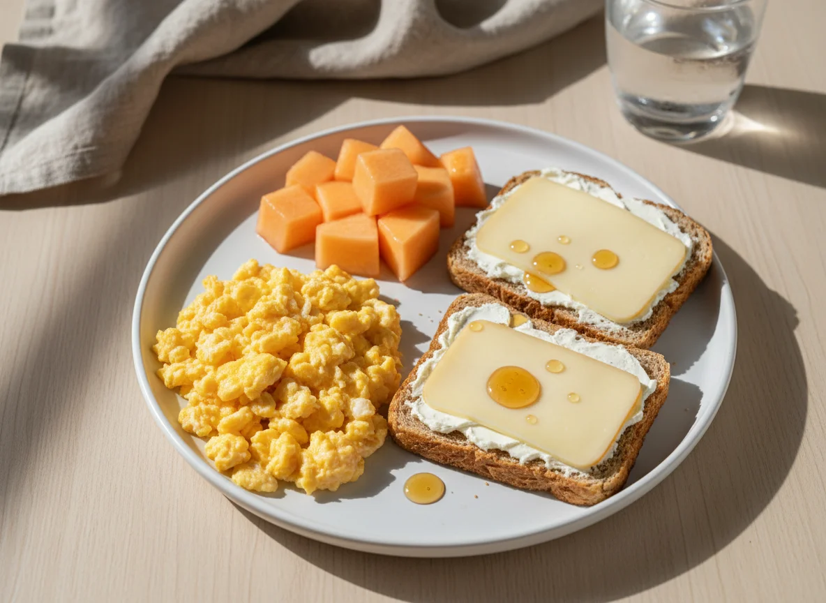 Café da manhã com ovos mexidos, pão com queijo e melão photo