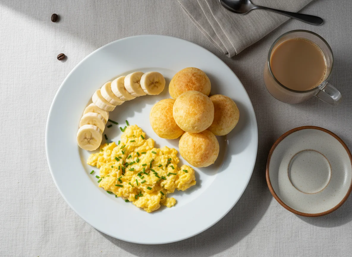 Café da manhã com ovos mexidos, pão de queijo, banana e café com leite photo